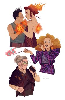 Rule 34 | 1980s fashion, 4girls, agnes montague, black eyes, black hair, blonde hair, blood, blood on face, brown shirt, brown skirt, cane, cigarette holder, closed mouth, commentary, curly hair, dress, dripping, earrings, english commentary, eye contact, eyeshadow, fiery hair, fingernails, fire, formal clothes, frown, gertrude robinson, glaring, green eyeshadow, grey hair, grey tank top, hair bun, hand on another's back, hand on another's shoulder, helen richardson, holding, holding cane, holding hands, jewelry, jude perry, long fingernails, long hair, looking at another, looking at viewer, makeup, medium hair, melting, multiple girls, old, old woman, open mouth, pants, print shirt, print suit, purple eyes, purple suit, purple sweater vest, pyrokinesis, red dress, red lips, red pants, red shawl, semi-rimless eyewear, shawl, shirt, short hair, shoulder pads, simple background, single hair bun, skirt, smile, smoke, smoke from head, spiral print, suit, sweater vest, sweatpants, tank top, tape recorder, tasha neva, the magnus archives, tomboy, white background, yuri