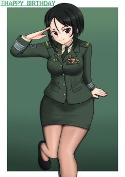 Rule 34 | 1girl, absurdres, amanone yun, black eyes, black hair, black shoes, breasts, brown pantyhose, chouno ami, closed mouth, collared shirt, girls und panzer, green jacket, green necktie, green skirt, hand on ground, happy birthday, highres, jacket, japan ground self-defense force, japan self-defense force, large breasts, long sleeves, military, military dress uniform, military uniform, miniskirt, necktie, pantyhose, pencil skirt, salute, shirt, shoes, short hair, skirt, smile, wing collar, yellow shirt