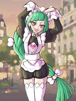 1girl apron black_romper blurry blurry_background blush bow braid braided_ponytail el_pan_frances green_hair grin heart_arms highres lebanne_(pokemon) long_braid long_hair long_sleeves looking_at_viewer lumiose_city maid maid_apron maid_headdress nintendo open_mouth outdoors pokemon pokemon_legends:_z-a puffy_sleeves red_lips romper smile teeth thighhighs white_bow white_thighhighs