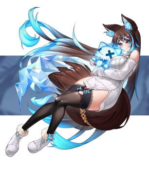 Rule 34 | 1girl, absurdres, animal ears, black thighhighs, blue eyes, blue streaks, blush, breasts, brown hair, closed mouth, commentary, english commentary, grey sweater, highres, indie virtual youtuber, kimarislibran, large breasts, long hair, looking at viewer, multicolored hair, pyro pup (sinder), second-party source, sinder (vtuber), smile, solo, streaked hair, sweater, tail, thighhighs, wolf ears, wolf girl, wolf tail