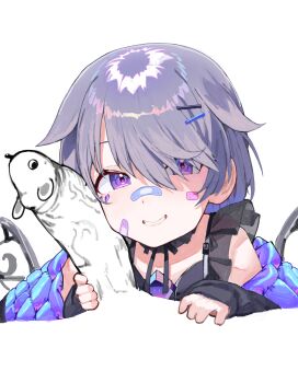 1boy 1girl absurdres bandaid bandaid_on_cheek bandaid_on_face bandaid_on_nose black_dress dress hair_ornament hairpin highres hololive hololive_english jacket koseki_bijou koseki_bijou_(casual) loli mirumiruchan official_alternate_costume official_alternate_hairstyle pebble_(koseki_bijou) penis penis_grab purple_eyes purple_hair purple_jacket short_hair simple_background smile solo_focus virtual_youtuber white_background