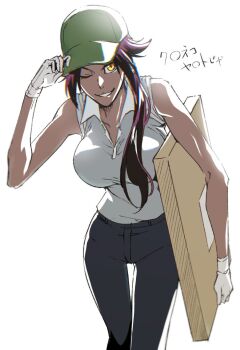 1girl 2022 baseball_cap black_pants bleach breasts commentary_request gloves green_hat hat hat_tip holding large_breasts lido_an0 one_eye_closed pants purple_hair shihouin_yoruichi shirt sleeveless sleeveless_shirt smile solo thigh_gap translation_request v-shaped_eyebrows white_gloves white_shirt yellow_eyes