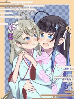 Rule 34 | 2girls, :d, ahoge, aqua kimono, assault lily, black hair, blue background, blue eyes, blue hair, blunt bangs, blush, border, checkered background, cheek-to-cheek, closed mouth, commentary request, egasumi, eye contact, floral print, flower, gradient hair, grey hair, hair flower, hair ornament, hair ribbon, hands up, heads together, highres, hug, hug from behind, japanese clothes, kanabako misora, kimono, long hair, long sleeves, looking at another, looking to the side, mozuna noa, multicolored hair, multiple girls, one side up, open mouth, orange border, outside border, own hands together, pink flower, print kimono, purple flower, puru (pru azucena), ribbon, seigaiha, sidelocks, smile, two-tone hair, upper body, very long hair, white flower, white ribbon, wide sleeves, yuri