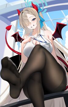 1girl absurdres alternate_costume aqua_halo aqua_ribbon arm_support asuna_(blue_archive) asymmetrical_bangs bare_shoulders black_pantyhose blonde_hair blue_archive blue_eyes blue_sky breast_pocket breasts cleavage cloud cloudy_sky collared_shirt commentary crossed_legs curvy day demon_girl demon_horns demon_tail demon_wings feet floating_hair foot_focus from_below hair_intakes hair_over_one_eye hair_ribbon halo hand_on_own_chest head_tilt highres horns huge_breasts hyurumari id_card indoors light_blush long_hair looking_at_viewer mini_wings mole mole_on_breast naughty_face no_shoes office_lady pantyhose pen pocket red_horns red_wings ribbon shirt sitting sky sleeveless sleeveless_shirt soles solo tail teeth thighband_pantyhose thighs toe_seam toes very_long_hair white_shirt window wings