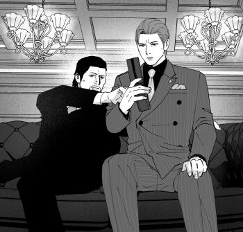 Rule 34 | 2boys, ahoge, beard, cellphone, chandelier, commentary request, couch, dojima daigo, facial hair, flip phone, formal clothes, greyscale, hair slicked back, looking at phone, male focus, mine yoshitaka, monochrome, multiple boys, necktie, phone, pinstripe pattern, pinstripe suit, ryuu ga gotoku (series), ryuu ga gotoku 3, sitting, suit, tyag53