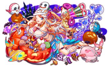 1girl 6+others anime_coloring anklet aqua_eyes aqua_pupils aqua_skirt aqua_tail arm_wrap armband artist_request bandaged_arm bandaged_chest bandaged_hand bandaged_leg bandages bat_necklace bat_ornament black_eyes blue_eyes blush_stickers bone_print bracelet breasts bright_pupils building candy cherry cleavage cleavage_cutout clenched_teeth closed_eyes closed_mouth clothing_cutout collar cookie crash_fever cupcake detached_collar dolphin donut eyelashes fang fish fish_skeleton food frilled_armband frilled_collar frills fruit full_body game_cg ghost gold_anklet gun halloween halloween_costume heart heart-shaped_cookie heart-shaped_food heart-shaped_mouth holding holding_cookie holding_food holding_gun holding_lantern holding_weapon icing jack-o'-lantern jewelry lantern left-handed leg_wrap leglet light_blush light_particles lollipop long_hair long_sidelocks long_skirt mermaid_(crash_fever) midriff mouth_hold multiple_others mummy_costume necklace no_pupils number_print numbered official_art one_eye_closed open_mouth orange_armband orange_collar outline pelvic_curtain pink_tail print_armband pumpkin pumpkin_slice purple_outline red_outline sidelocks silver_necklace skirt skull_ornament skull_print solo_focus square square_print straight_hair tachi-e tail tail_ornament tail_ring teeth third-party_source tied_skirt tongue torn_bandages transparent_background two-tone_tail upper_teeth_only very_long_hair very_long_sidelocks water_drop weapon white_eyes window yellow_tail