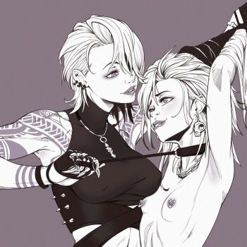 absurdres arm_tattoo bdsm bondage bound breasts chain chain_necklace clawed_gauntlets clothed_female_nude_female earrings femdom gloves highres horo_(path_to_nowhere) jewelry kyder leash leash_pull lipstick long_hair makeup medium_breasts monochrome necklace nipple_piercing nipples nude path_to_nowhere piercing pinned short_hair small_breasts smile tattoo yuri zoya_(path_to_nowhere)