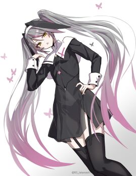 1girl black_dress black_garter_straps black_thighhighs breasts capelet commentary_request covered_navel dress dutch_angle feet_out_of_frame from_below garter_straps gradient_background grey_hair hand_on_own_hip highres jewelry long_hair long_sleeves looking_at_viewer looking_down multicolored_hair necklace nun open_mouth original purple_hair short_dress small_breasts solo streaked_hair takanashi_kei_(hitsujikan) thighhighs twintails twitter_username two-tone_hair very_long_hair white_capelet yellow_eyes