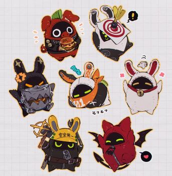 ! anger_vein bangboo_(zenless_zone_zero) bell boollseye_(zenless_zone_zero) burger closed_eyes devilboo_(zenless_zone_zero) eous_(zenless_zone_zero) flower_symbol food heart holding holding_burger holding_food luckyboo_(zenless_zone_zero) marusan159 no_humans red_moccus_(zenless_zone_zero) safety_(zenless_zone_zero) securityboo_(zenless_zone_zero) simple_background sleeping sparkle spoken_exclamation_mark spoken_heart tail wings wrench zenless_zone_zero zzz