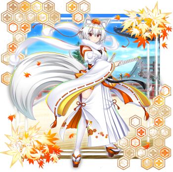 1girl adapted_costume animal_ear_fluff animal_ears autumn_leaves blue_sky closed_mouth clothing_cutout cloud day detached_sleeves frown full_body game_cg geta grey_hair hagoromo hat hexagon highres honeycomb_(pattern) inubashiri_momiji inubashiri_momiji_(white_wolf_of_staunch_offense_and_defense) katana kikkoumon kourindou_tengu_costume leaf looking_at_viewer maple_leaf multiple_swords official_alternate_costume official_art orange_hat orange_sandals outdoors pom_pom_(clothes) red_eyes ribbon-trimmed_sleeves ribbon_trim rotte_(1109) sandals shawl sheath sheathed short_hair sky solo sword tail tengu-geta thighhighs third-party_source tokin_hat touhou touhou_lostword transparent_background weapon white_thighhighs wide_sleeves wolf_ears wolf_girl wolf_tail