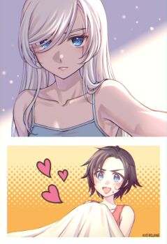 2girls artist_name bed_sheet black_hair blue_camisole blue_eyes blush camisole collarbone hair_over_one_eye heart kio_rojine light_rays long_hair multiple_girls open_mouth polka_dot polka_dot_background red_tank_top ruby_rose rwby scar scar_across_eye scar_on_face sheet_grab short_hair split_screen sweatdrop swept_bangs tank_top under_covers weiss_schnee white_hair