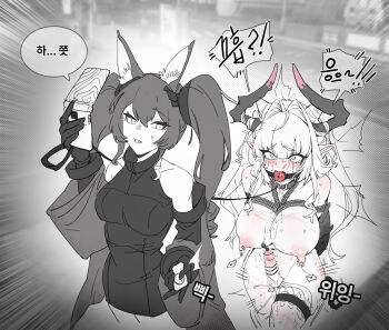 2girls :o absurdres anal_beads anal_tail angelina_(arknights) anger_vein animal_ear_fluff animal_ears arknights arknights:_endfield bare_shoulders bdsm belt_collar blush bound bound_breasts breasts butt_plug cellphone coat collar controller crying crying_with_eyes_open dot_nose dragon_horns dragon_tail dress drooling elbow_gloves fake_tail femdom flip_phone fox_ears fox_girl furfutagusok futa_with_female futanari gag gagged gilberta_(arknights) gloves greyscale hair_intakes headgear high_collar highres holding holding_controller holding_leash holding_phone holding_remote_control horns impossible_clothes impossible_dress korean_commentary korean_text large_breasts leash leash_pull long_hair looking_at_another medium_breasts monochrome multiple_girls nipple_piercing nipple_weights nipples object_insertion off-shoulder_shirt off_shoulder out_of_character phone piercing remote_control remote_control_vibrator restrained rope_marks sex_toy shirt sleeveless sleeveless_dress sounding speech_bubble spot_color tail tail_raised tears thigh_strap too_many too_many_sex_toys torture translation_request twintails urethral_beads urethral_insertion vibrator vibrator_cord vibrator_in_thigh_strap wide_sleeves wiffle_gag yvonne_(arknights)