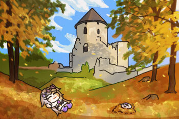 1girl 1other arms_behind_head autumn autumn_leaves bing_huyue blush_stickers castle chest_jewel chibi closed_eyes cloud cloudy_sky commentary english_commentary falling_leaves gem gem_hair_ornament hair_flaps highres hololive hololive_english koseki_bijou latvia leaf long_hair lying pebble_(koseki_bijou) purple_gemstone purple_hair real_world_location sky tree virtual_youtuber yellow_leaves