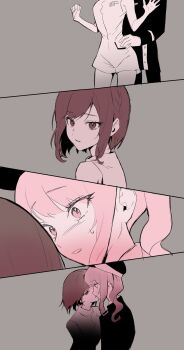 1girl 1other akiyama_mizuki armpit_crease behind_another blush braid breasts brown_eyes brown_hair curled_fingers curly_hair dress eyelashes from_side hand_on_another's_waist hands_up hat highres kiss long_hair looking_at_viewer looking_to_the_side miiyy1194406 nose_blush open_hand open_mouth parted_lips partially_colored pink_eyes pink_hair project_sekai sequential shinonome_ena short_hair side_braid side_ponytail single_braid sleeveless sleeveless_dress sweatdrop swept_bangs turning_head