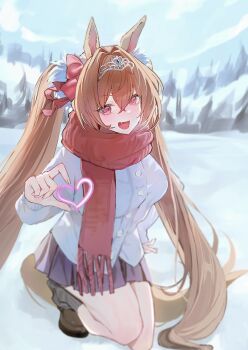 1girl animal_ears antenna_hair black_skirt blurry blush breasts brown_hair cardigan commentary_request crossed_bangs daiwa_scarlet_(umamusume) day fang hair_between_eyes hair_intakes half-heart_hands heart highres horse_ears horse_girl horse_tail large_breasts long_hair looking_at_viewer miniskirt open_mouth outdoors pleated_skirt red_eyes skirt smile snow solo squatting tail thighs tiara twintails umamusume very_long_hair white_cardigan yubin0514