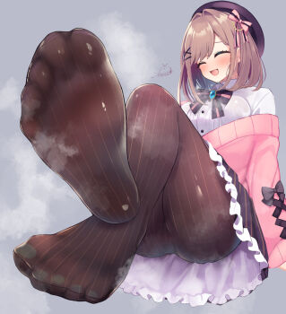 1girl beret blush bow breasts brown_hair closed_eyes commentary_request feet festa11307070 foot_focus frilled_skirt frills grey_background hair_ornament hat large_breasts legs nijisanji no_shoes open_mouth paid_reward_available pantyhose shirt simple_background sitting skirt smell soles solo steaming_body striped_clothes striped_pantyhose striped_skirt suzuhara_lulu toes variant_set vertical-striped_clothes vertical-striped_pantyhose virtual_youtuber white_shirt x_hair_ornament