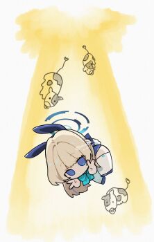 1girl abduction animal_ears blonde_hair blue_archive blue_eyes blue_halo blue_leotard bow bowtie breasts chibi cow double_v fake_animal_ears halo highres koyuuuuuuuuuuu leotard long_hair official_alternate_costume playboy_bunny rabbit_ears strapless strapless_leotard thighhighs toki_(blue_archive) toki_(bunny)_(blue_archive) tractor_beam ufo v white_thighhighs