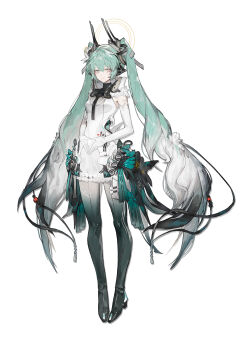 1girl absurdres boots dress elbow_gloves gloves green_hair hair_between_eyes hair_ornament halo hands_on_own_stomach hatsune_miku headphones high_collar high_heels highres long_hair looking_at_viewer microphone multicolored_hair simple_background sleeveless sleeveless_dress smile ten_(cherry61897) thigh_boots twintails very_long_hair vocaloid white_dress white_gloves white_hair