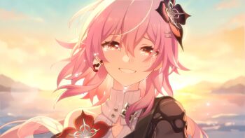 1girl absurdres backlighting bad_link black_flower black_jacket center_opening cloud cloudy_sky crying dress earrings evernight_(honkai:_star_rail) flower game_cg grin hair_flower hair_ornament hairclip highres honkai:_star_rail honkai_(series) jacket jewelry long_hair looking_at_viewer march_7th_(honkai:_star_rail) official_art parallel_hairclips pink_hair red_eyes red_flower single_bare_shoulder single_earring sky smile solo streaming_tears sunset tears white_dress