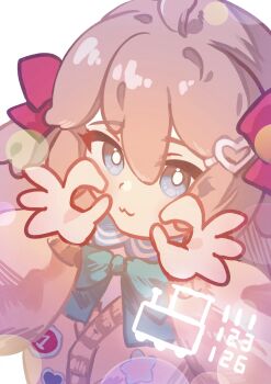 1girl :3 ahoge aqua_bow aqua_bowtie blue_eyes blue_sailor_collar bow bowtie brown_hair cardigan celebration closed_mouth commentary double_ok_sign english_commentary from_above hair_between_eyes hair_bow hair_ornament hands_up heart heart_hair_ornament highres kasoke308 lens_flare long_sleeves looking_at_viewer neuro-sama ok_sign puffy_long_sleeves puffy_sleeves red_bow sailor_collar simple_background train twitch.tv two_side_up vedal_ai white_background yellow_cardigan