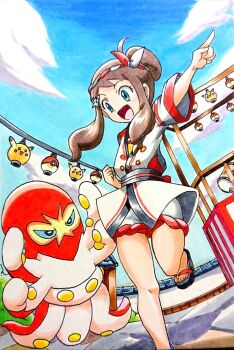 :d alternate_color black_sandals blue_eyes blue_sky brown_hair cloud commentary_request day eyelashes gen_1_pokemon gen_8_pokemon grapploct hanging_lantern highres hilda_(pokemon) hilda_(summer_2022)_(pokemon) japanese_clothes kimono nintendo official_alternate_costume official_alternate_hairstyle open_mouth outdoors outstretched_arm pikachu pointing poke_ball_theme pokemon pokemon_(creature) pokemon_masters_ex sandals shiny_pokemon short_sleeves sidelocks sky smile speedy_(pkh) standing standing_on_one_leg white_kimono