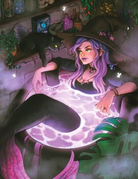 1girl \||/ artist_name black_cat black_collar black_hat black_nails black_shirt bottle bracelet breasts bug cat chili_pepper cleavage collar commentary crescent_collar earrings english_commentary eye_contact flower glowing hat hat_flower in_cauldron indoors insect ivyalive jewelry lavender_(flower) long_hair looking_at_animal looking_at_another medium_breasts mermaid monster_girl mortar_(bowl) moth mushroom original partially_submerged pestle photoshop_(medium) pink_flower plant potion potted_plant purple_hair purple_lips ring ripples shelf shirt skull solo steam stone_wall tail_raised watermark wavy_hair web_address witch witch_hat yellow_eyes yellow_flower