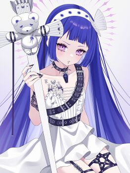 Rule 34 | 1girl, absurdres, belt, black belt, black collar, black nails, chest tattoo, cocked eyebrow, collar, collarbone, commentary request, cross-laced clothes, cross-laced dress, dress, eyelashes, face piercing, fingernails, flat chest, frilled dress, frills, goth fashion, gothic lolita, guitar, hand up, headband, highres, holding, holding guitar, holding instrument, instrument, lace-trimmed wrist cuffs, lace trim, light blush, lolita fashion, long hair, looking at viewer, nail polish, original, parted lips, piercing, pink eyes, purple hair, sharp fingernails, short bangs, short eyebrows, simple background, solo, spiked collar, spikes, strapless, strapless dress, stuffed animal, stuffed toy, tattoo, teddy bear, thigh belt, thigh strap, wanko (yurika0320), white background, white dress, white headband, wrist cuffs