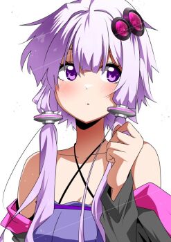 Rule 34 | 1girl, bare shoulders, black jacket, breasts, commentary request, dress, hair ornament, jacket, looking to the side, open mouth, purple dress, purple eyes, purple hair, short hair with long locks, simple background, small breasts, vocaloid, voiceroid, white background, yuubi, yuzuki yukari