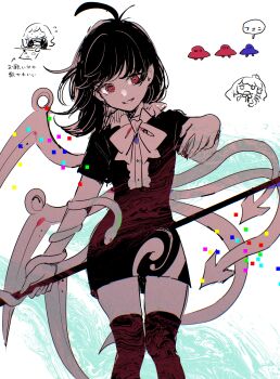 3girls asymmetrical_wings bow bowtie calligraphy_brush center_frills commentary_request dress flying_sweatdrops frills frog_hair_ornament hair_ornament hair_tubes highres hijiri_byakuren holding holding_calligraphy_brush holding_paintbrush holding_weapon houjuu_nue kochiya_sanae mozukuzu_(manukedori) multiple_girls open_mouth paintbrush polearm red_eyes red_theme short_sleeves simple_background single_hair_tube smile snake snake_hair_ornament solo_focus speech_bubble thighhighs touhou translation_request trident ufo weapon white_background wings