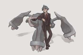 Rule 34 | 1boy, absurdres, ascot, black pants, black sclera, black shoes, blue hair, claws, coat, collared shirt, colored sclera, commentary request, elbow rest, formal clothes, gen 3 pokemon, grey background, highres, ichikawa 385, lapels, looking to the side, male focus, metagross, nintendo, notched lapels, pants, parted bangs, parted lips, pinstripe pattern, pokemon, pokemon (creature), pokemon oras, red eyes, shirt, shoes, short hair, sideways glance, simple background, steven stone, suit, vest, white shirt