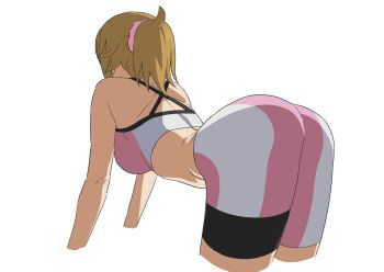 1girl absurdres ass back backboob bent_over bike_shorts bra breasts from_behind gundam gundam_build_fighters gundam_build_fighters_try hair_flaps highres hoshino_fumina iwao178 light_brown_hair medium_hair pink_bra pink_shorts ponytail shorts simple_background skin_tight solo sports_bra standing two-tone_bra two-tone_shorts underwear white_background white_bra white_shorts