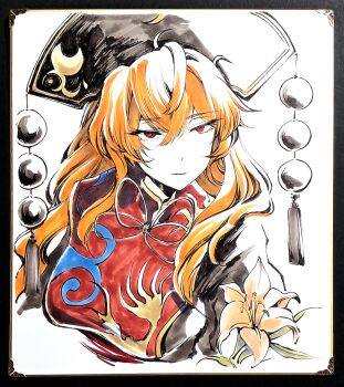 Rule 34 | 1girl, chinese clothes, commentary request, dalachi (headdress), flower, hair between eyes, junko (touhou), long hair, looking at viewer, orange hair, red eyes, red tabard, shikishi, simple background, solo, tabard, touhou, traditional media, tsubameyado, upper body, white background