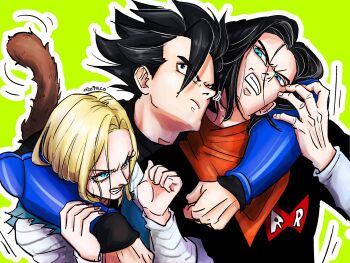 1girl 2boys aco_rz android_17 android_18 angry annoyed aqua_eyes arm_around_neck arm_around_shoulder arm_on_another&#039;s_shoulder arm_support armor arms_around_neck arms_around_shoulders arms_on_another&#039;s_shoulder bandana bandana_around_neck black_eyes black_hair black_shirt black_tank_top blonde_hair blue_armor blue_eyes blue_jacket blue_vest bracer brother_and_sister cheek-to-cheek clenched_hand clenched_hands clenched_teeth dragon_ball dragon_ball_legends dragonball_z eyes_visible_through_hair fingernails frown green_background hair_between_eyes hair_intakes hair_over_one_eye hand_up hands_up heads_together highres holding_another&#039;s_arm holding_another&#039;s_wrist horizontal-striped_clothes hug jacket layered_sleeves letter_print long_sleeves looking_at_another looking_up loose_hair_strand male_focus monkey_boy monkey_tail motion_lines multiple_boys nail_polish neckerchief orange_neckerchief outline red_nails red_ribbon_army saiyan saiyan_armor shallot_(dragon_ball) shirt short_hair short_over_long_sleeves short_sleeves siblings simple_background single_bang spiked_hair striped_clothes striped_shirt striped_sleeves t-shirt tail tail_raised tail_wagging tank_top teeth torn_clothes torn_sleeves trembling twins twitter_username upper_body vest white_shirt white_undershirt wince wristband