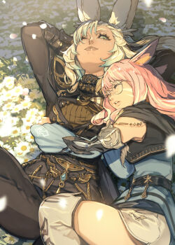 2girls animal_ears black_jacket black_pants blue_jacket cat_ears commentary_request commission cuddling detached_sleeves facial_mark falling_petals final_fantasy final_fantasy_xiv flower freckles glasses green_eyes hide_(hideout) highres hug jacket long_hair miqo&#039;te multiple_girls on_ground one_eye_closed outdoors pants parted_lips petals pink_hair rabbit_ears shorts skeb_commission smile viera warrior_of_light_(ff14) whisker_markings white_flower white_hair white_shorts white_streaks yuri