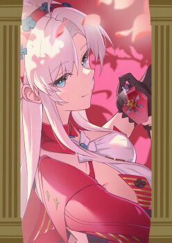 1girl absurdres ahoge black_gloves blue_eyes breasts carlotta_(wuthering_waves) chamaru5963 closed_mouth commentary derivative_work dress from_side gloves hairband hashtag-only_commentary highres holding_perfume jacket long_hair looking_at_viewer looking_to_the_side medium_breasts petals pink_hairband pink_jacket pink_petals smile solo upper_body white_dress wuthering_waves