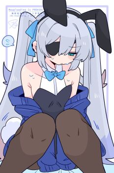 1boy :/ animal_ear_hairband animal_ears arms_between_legs bare_shoulders black_hairband black_leotard black_pantyhose blue_bow blue_bowtie blue_cardigan blue_eyes blush bow bowtie cardigan collarbone commentary crossdressing crossdressing_(mtf) earclip eyepatch fake_animal_ears feet_out_of_frame flipped_hair furrowed_brow hair_between_eyes hair_bow hair_intakes hairband highres leotard long_hair looking_down male_focus male_playboy_bunny motion_lines no_nose one_eye_covered op_na_yarou open_cardigan open_clothes original pantyhose playboy_bunny rabbit_boy rabbit_ear_hairband rabbit_ears rabbit_tail rigel_(op_na_yarou) sidelocks simple_background sitting sleeves_past_fingers sleeves_past_wrists solo speech_bubble spoken_sweatdrop straight_hair sweat sweatdrop tail trap very_long_hair watermark white_background white_hair