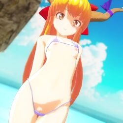 1girl 3d :o animated armpits arms_behind_back arms_behind_head beach bikini bikini_top_lift blonde_hair breasts brown_eyes cleft_of_venus clothes_lift curvy hair_ribbon highres horns ibuki_suika legs lifting_own_clothes long_hair looking_at_viewer mofumoko5 navel nipples ocean open_mouth presenting pussy pussy_peek ribbon small_breasts smile solo swimsuit tagme thighs thong_bikini touhou video water