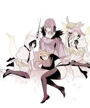 5girls arm_support black_footwear black_hair black_jacket black_pantyhose black_ribbon blonde_hair boots bracelet capelet closed_eyes closed_mouth cropped_jacket detached_collar dress eyepatch fate/grand_order fate_(series) feathered_wings fur-trimmed_dress fur_trim gold_bracelet grey_eyes hair_between_eyes hair_ribbon hand_up head_chain head_wings highres hildr_(fate) holding holding_wand hood hood_up hooded_capelet jacket jewelry kneeling lap_pillow leaning_on_person long_hair long_sleeves looking_at_another lying medium_hair multiple_girls necklace no_shoes on_side ophelia_phamrsolone orange_hair ortlinde_(fate) pantyhose pink_hair pink_wings purple_dress purple_hair ribbon scathach_(fate) scathach_skadi_(fate) scathach_skadi_(first_ascension)_(fate) seiza short_hair simple_background sitting sleeping smile sooru0720 star_(symbol) thigh_boots thrud_(fate) tiara valkyrie_(fate) wand white_background white_capelet white_dress wide_sleeves wings yellow_wings