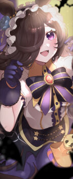 1girl absurdres animal_ears black_bow black_bowtie black_hair blush bow bowtie commentary fang flipped_hair gloves hair_over_one_eye halloween_costume hands_up highres horse_ears horse_girl kurumiya_(krmy_p) long_hair official_alternate_costume open_mouth puffy_short_sleeves puffy_sleeves purple_eyes purple_gloves rice_shower_(make_up_vampire!)_(umamusume) rice_shower_(umamusume) shirt short_sleeves skin_fang smile solo striped_bow striped_bowtie striped_clothes umamusume white_shirt
