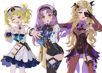 Rule 34 | 3girls, :o, ;d, ahoge, alternate costume, asymmetrical clothes, barbara (genshin impact), barbara (genshin impact) (cosplay), blonde hair, blue eyes, breasts, commentary, commission, cosplay, english commentary, eula (genshin impact), eula (genshin impact) (cosplay), fire emblem, fire emblem: the blazing blade, fire emblem awakening, fire emblem fates, fischl (genshin impact), fischl (genshin impact) (cosplay), florina (fire emblem), genshin impact, grey eyes, highres, lissa (fire emblem), looking at viewer, multiple girls, nintendo, one eye closed, open mouth, ophelia (fire emblem), purple hair, reaching, reaching towards viewer, second-party source, shan0732, single pantsleg, single thighhigh, small breasts, smile, thighhighs, thighs