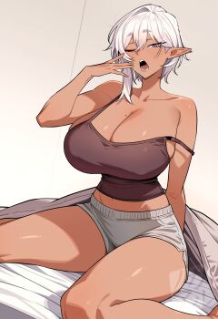 1girl ;o absurdres bare_legs bare_shoulders black_camisole blush breasts camisole cleavage collarbone commentary_request covered_erect_nipples dark-skinned_female dark_elf dark_skin elf feet_out_of_frame grey_hair grey_shorts hair_between_eyes hand_up highres kyana_(nokaa_aru) large_breasts looking_at_viewer messy_hair mole mole_on_breast navel nokaa_aru off_shoulder on_bed one_eye_closed original pointy_ears purple_eyes short_hair short_shorts shorts sitting solo strap_slip thick_thighs thighs waking_up wariza yawning