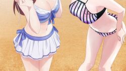 2girls animated audible_speech bikini bikini_pull bikini_skirt blue_eyes blush breasts brown_hair butterfly_hair_ornament cleavage clothes_pull collarbone dot_nose female_focus floral_print frilled_bikini frills go-toubun_no_hanayome hair_between_eyes hair_ornament hair_over_one_eye highres japanese_audio large_breasts long_hair looking_at_viewer midriff miniskirt multiple_girls nakano_miku nakano_nino navel off-shoulder_bikini off_shoulder open_clothes purple_bikini red_hair short_hair siblings sisters skirt sound stomach striped_bikini striped_clothes subtitled swimsuit swimsuit_skirt tagme twintails untied_bikini video white_bikini white_skirt