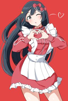 1girl absurdres apron black_hair bow buttons commentary cowboy_shot double-breasted dress frilled_dress frills grey_eyes hair_bow hair_ornament heart heart_hands highres jersey_maid long_hair long_sleeves looking_at_viewer love_live! love_live!_nijigasaki_high_school_idol_club maid official_alternate_costume one_side_up pleated_apron red_background red_bow red_dress short_dress simple_background solo triangle_hair_ornament uchuu_no_mozuku unconventional_maid very_long_hair waist_apron white_apron yuki_setsuna