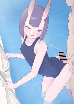 1boy 1girl absurdres ass ass_grab bar_censor blue_one-piece_swimsuit blush bob_cut breasts buttjob buttjob_over_clothes censored cum ejaculation erection eyeliner fangs fate/grand_order fate_(series) grinding hetero highres horns makeup nude one-piece_swimsuit oni open_mouth peachyp penis penis_on_ass pool purple_eyes purple_hair school_swimsuit short_eyebrows short_hair shuten_douji_(fate) skin-covered_horns small_breasts smile swimsuit thick_eyebrows thighs