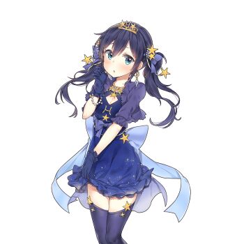 1girl aqua_eyes blue_dress blue_gloves blue_hair blue_jacket blue_thighhighs breasts cleavage crescent crescent_earrings criss-cross_halter cropped_jacket dress earrings gloves gold_tiara hair_ornament halterneck jacket jewelry long_hair rena_(uchihime) small_breasts star_(symbol) star_hair_ornament thighhighs twintails uchi_no_hime-sama_ga_ichiban_kawaii