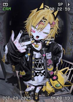 1boy alternate_costume animal_ears artist_name bandaid bandaid_on_cheek bandaid_on_face bandaid_on_leg black_jacket blonde_hair cat_ears collar commentary dated fangs foreshortening full_body green_eyes hair_between_eyes hair_ornament hairclip highres holding holding_stuffed_toy jacket jewelry looking_at_viewer male_focus multiple_rings nail_polish nijisanji open_clothes open_jacket open_mouth print_shirt ring shirt short_hair sleeves_past_wrists smile socks solo spiked_collar spikes standing stuffed_animal stuffed_toy symbol-only_commentary uzuki_kou virtual_youtuber w white_socks xdoxa89