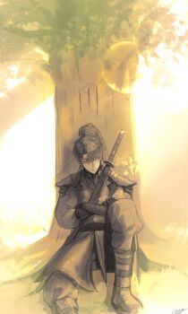 1boy absurdres against_tree armor baggy_pants black_gloves black_hair black_robe closed_eyes commentary crossed_arms curtained_hair day english_commentary gloves head_tilt high_ponytail highres hugging_object knee_up lens_flare logicsterrr male_focus outdoors pants ponytail robe scabbard shadow_slave sheath shoulder_armor sleeping solo sunlight sunny_(shadow_slave) sword tree weapon