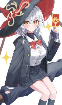 1girl black_hat black_robe blue_archive blush bolt_action bow breasts carcano card closed_mouth collared_shirt commentary_request diagonal-striped_bow diagonal-striped_clothes eri_(blue_archive) feet_out_of_frame gun gun_sling hair_between_eyes halo haryun9999 hat highres holding holding_card jewelry large_breasts long_hair long_sleeves looking_at_viewer multicolored_hair orange_eyes orange_halo red_hair rifle ring robe shirt simple_background smile socks solo striped_bow striped_clothes tilted_halo weapon white_hair white_shirt witch_hat