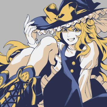 Rule 34 | 1girl, black hat, black jacket, black skirt, blonde hair, boots, bow, commentary, grey background, hat, hat bow, highres, jacket, kamabokopic, kirisame marisa, long sleeves, looking at viewer, shirt, sitting, skirt, smile, solo, touhou, untranslatable commentary, white shirt, witch hat, yellow bow, yellow eyes