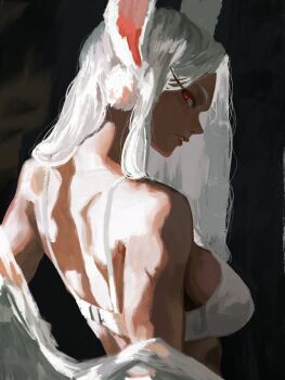 1girl animal_ears back bare_shoulders boku_no_hero_academia bra breasts commentary dark-skinned_female dark_skin english_commentary from_side hair_over_shoulder highres kilem_soft large_breasts long_eyelashes long_hair looking_at_viewer median_furrow mirko off_shoulder parted_bangs parted_lips rabbit_ears rabbit_girl red_eyes shoulder_blades solo toned toned_female underwear upper_body very_long_hair white_bra white_hair